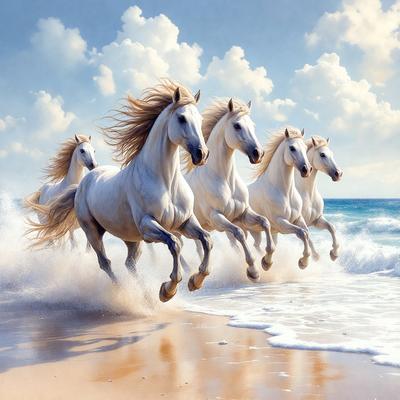 Primary subject: A group of five white horses running on the beach.

Setting/background: The beach, with waves crashing in the background.

Visual style: Digital art.

Colors and mood: The colors are predominantly white, with the horses' manes and tails being golden. The overall atmosphere is energetic and dynamic, as the horses are captured in motion.